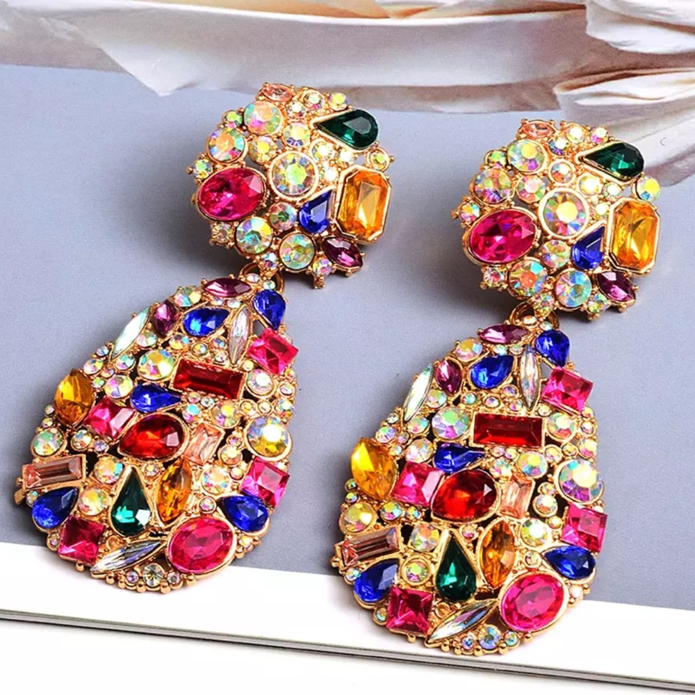 Colorful Iridescent Crystal Stud Drop Earrings - Picture 3 of 7